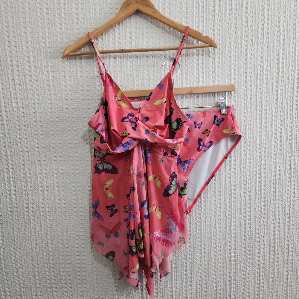Amazon Y2K Pink Butterfly Print Tankini Swim Set Top & High Waist Bottoms 0X